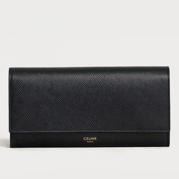 Celine Large Flap Wallet In Black Grained Calfskin